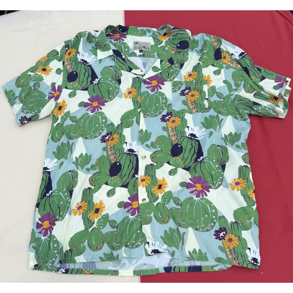 Bather Mens XXL Cactus Flower Print Camp Collar Short Sleeve Button‎ Down Shirt